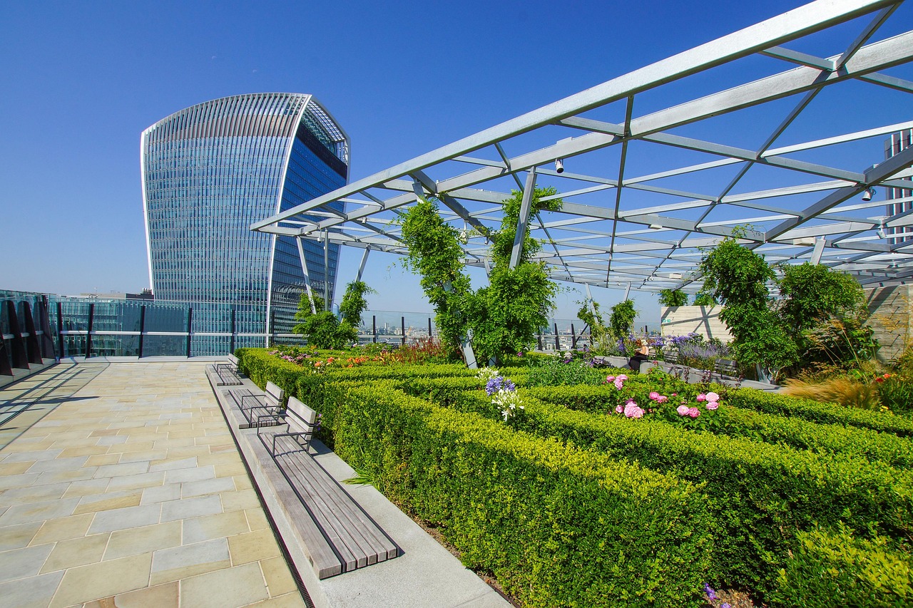 Green pergola shading modern rooftop sanctuary. Green pergola shading modern rooftop sanctuary.